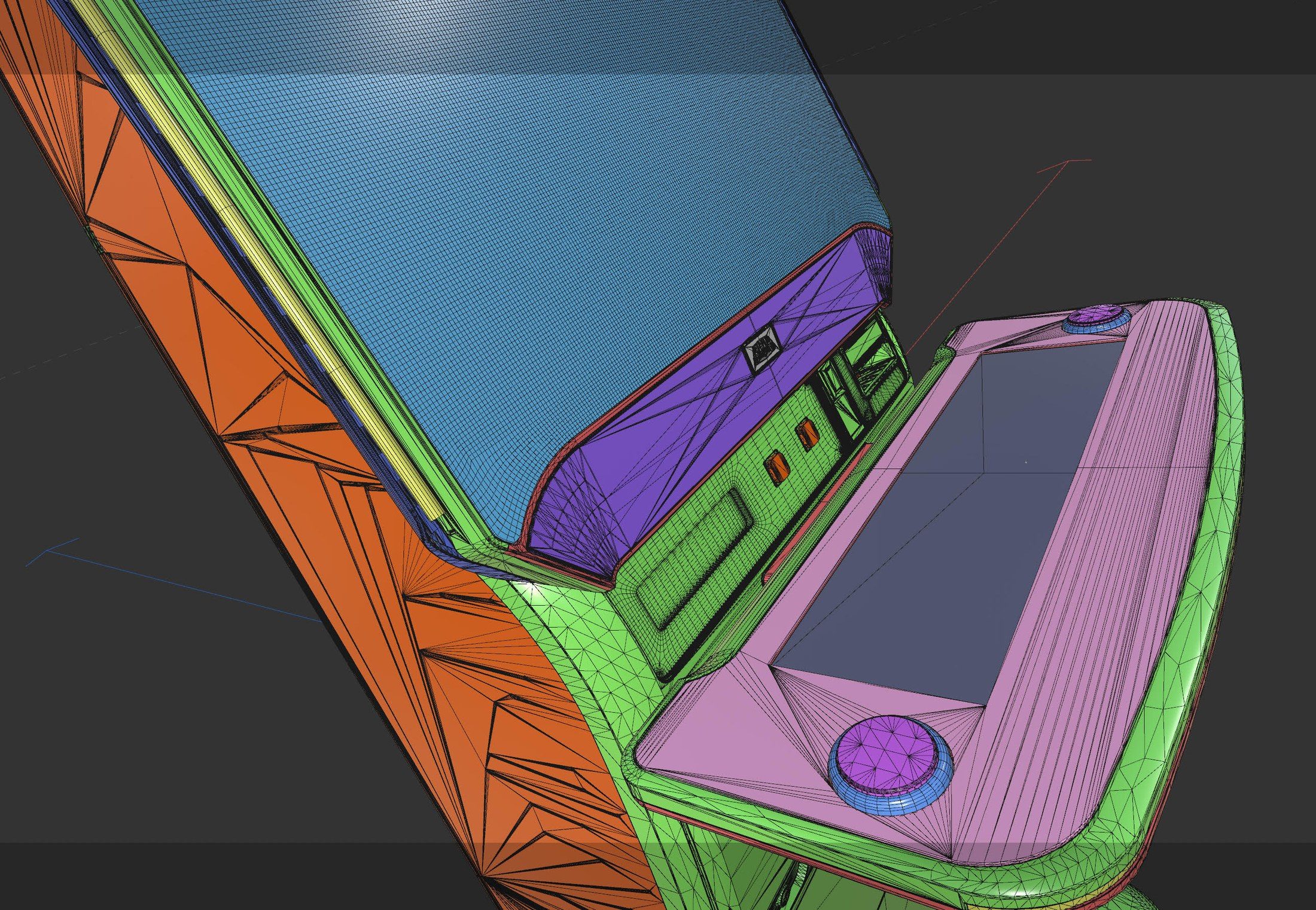 The Kascada terminal modelled in Cinema 4D, the full wireframe build, each part shaded a different colour