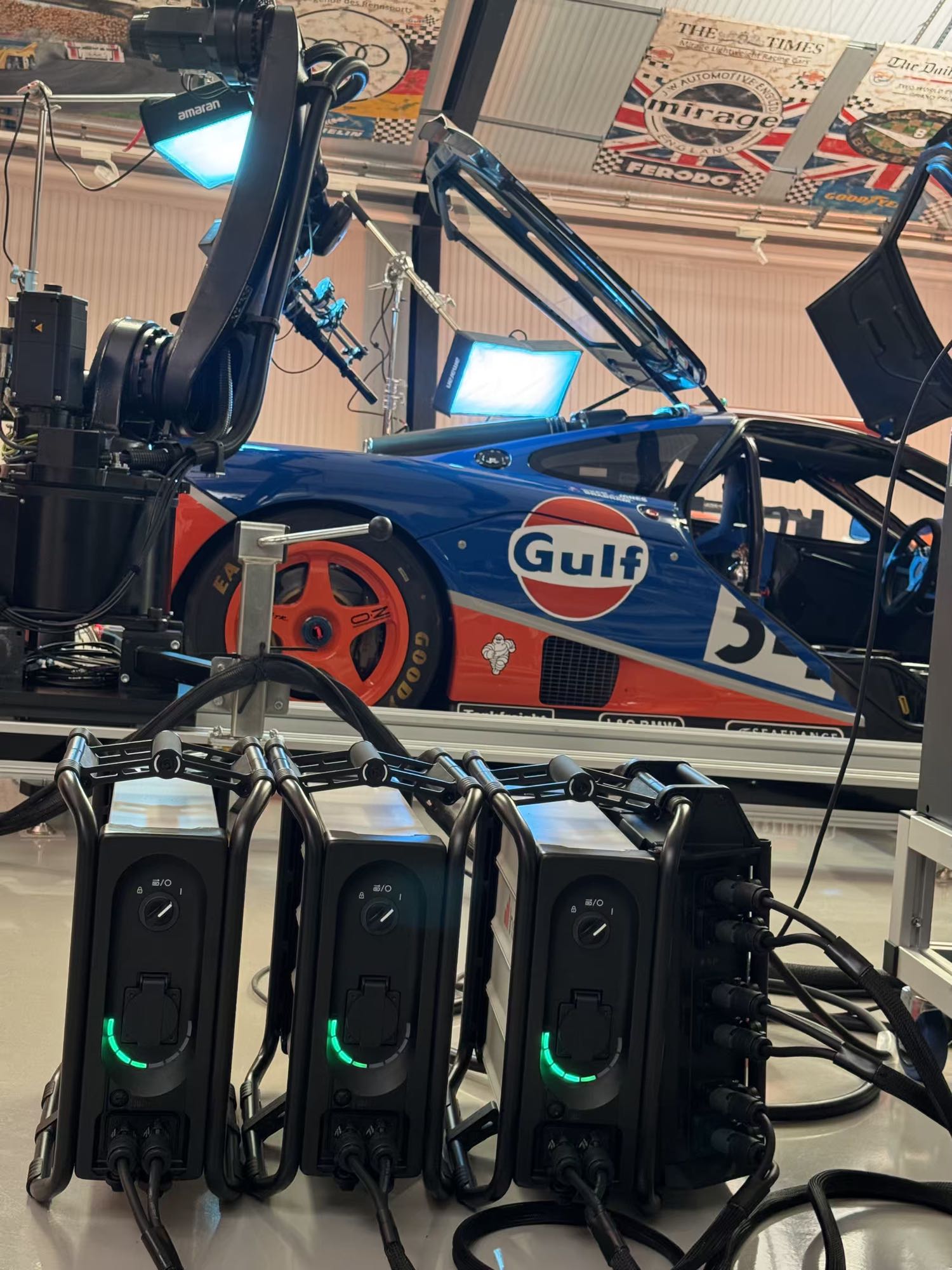 The portable battery system powering the rig on location, the Gulf McLaren F1 GTR behind