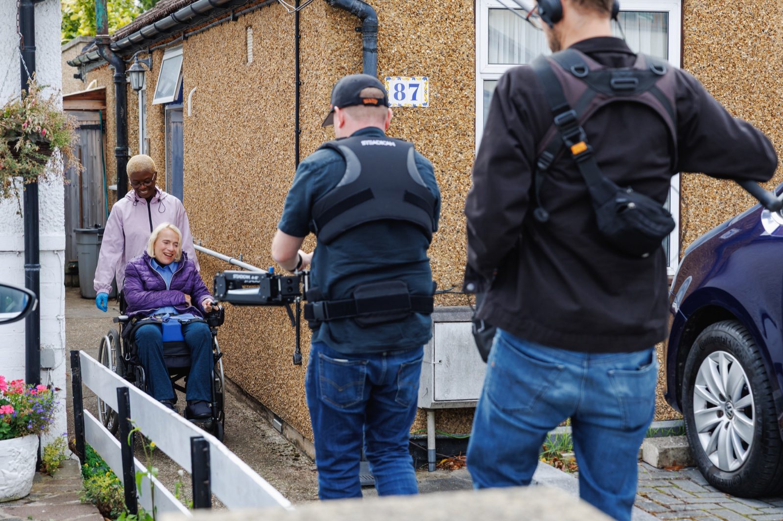 The IRIS crew filming Alex at home, Steadicam and boom in the front garden